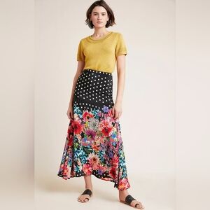 Anthropologie Black Floral and Polka Dot A-Line Skirt